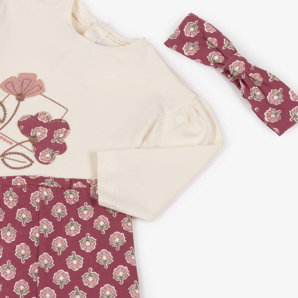Mayoral-Girls Ivory & Pink Floral Cotton Leggings Set | Childrensalon Outlet