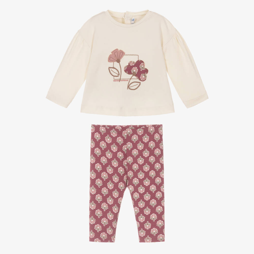 Mayoral-Girls Ivory & Pink Floral Cotton Leggings Set | Childrensalon Outlet