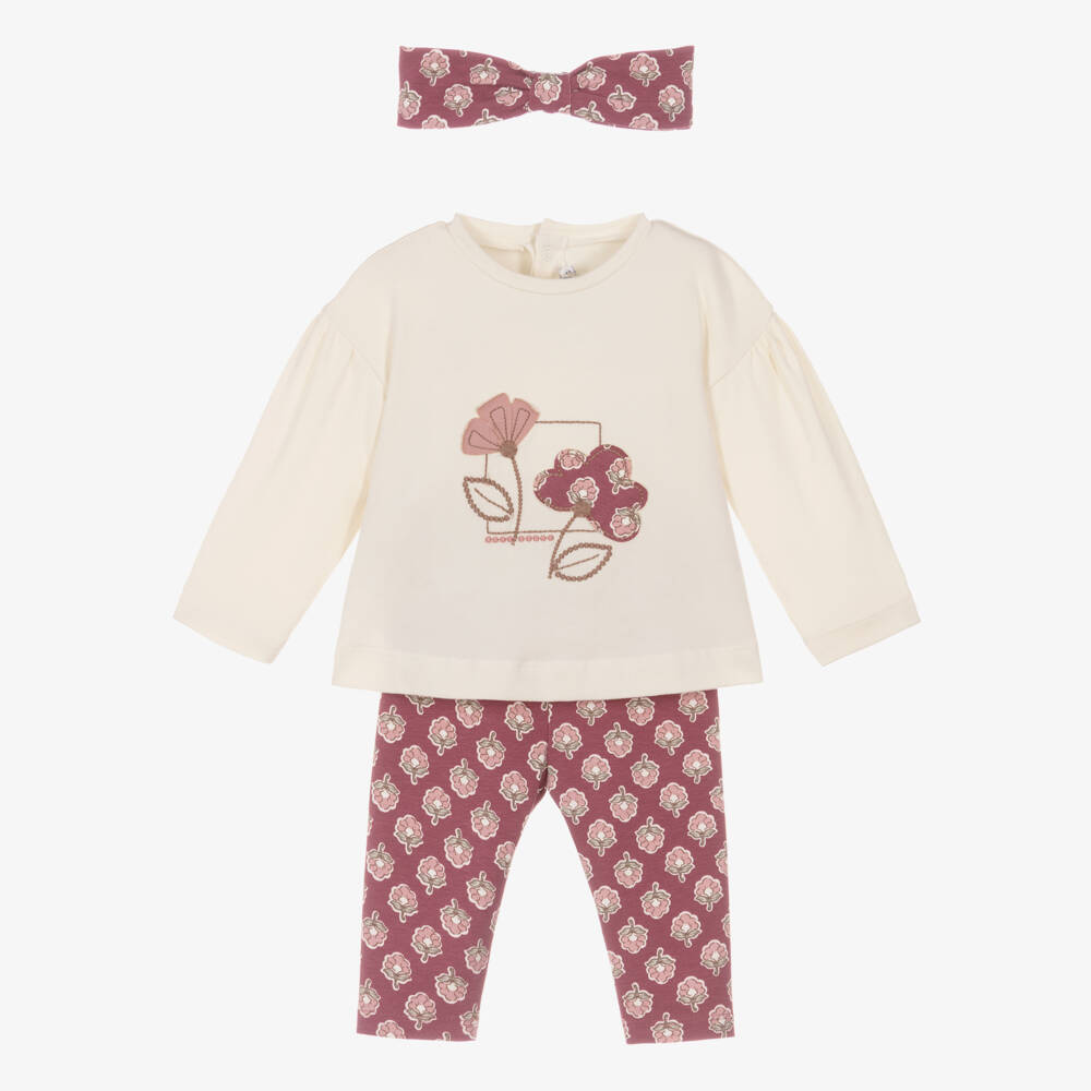 Mayoral-Girls Ivory & Pink Floral Cotton Leggings Set | Childrensalon Outlet