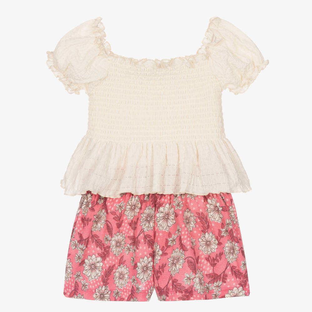 Mayoral - Girls Ivory & Pink Floral Shorts Set | Childrensalon