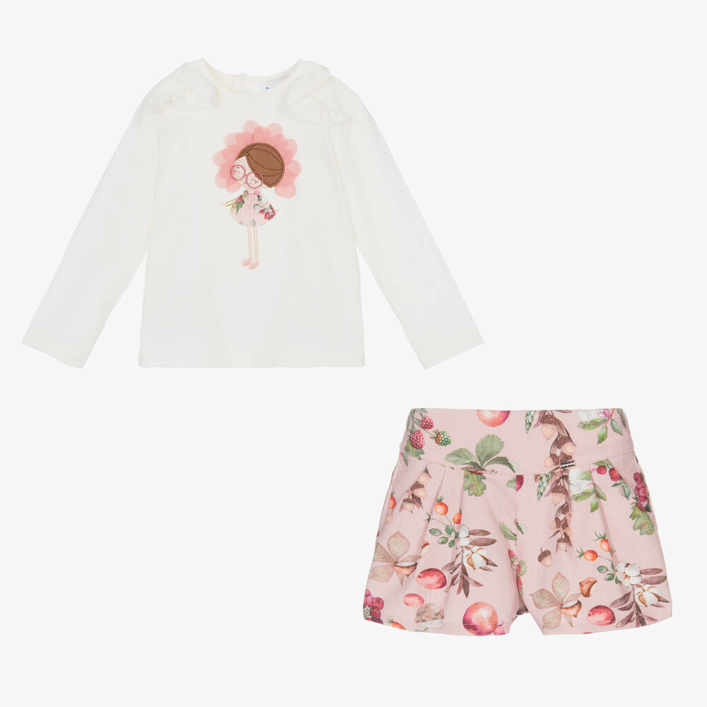 مايورال-طقم شورت أطفال بناتي قطن جيرسي لون عاجي وزهري | Childrensalon Outlet