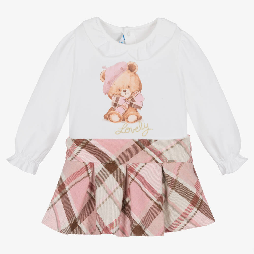 Mayoral - Girls Ivory & Pink Tartan Check Skirt Set | Childrensalon