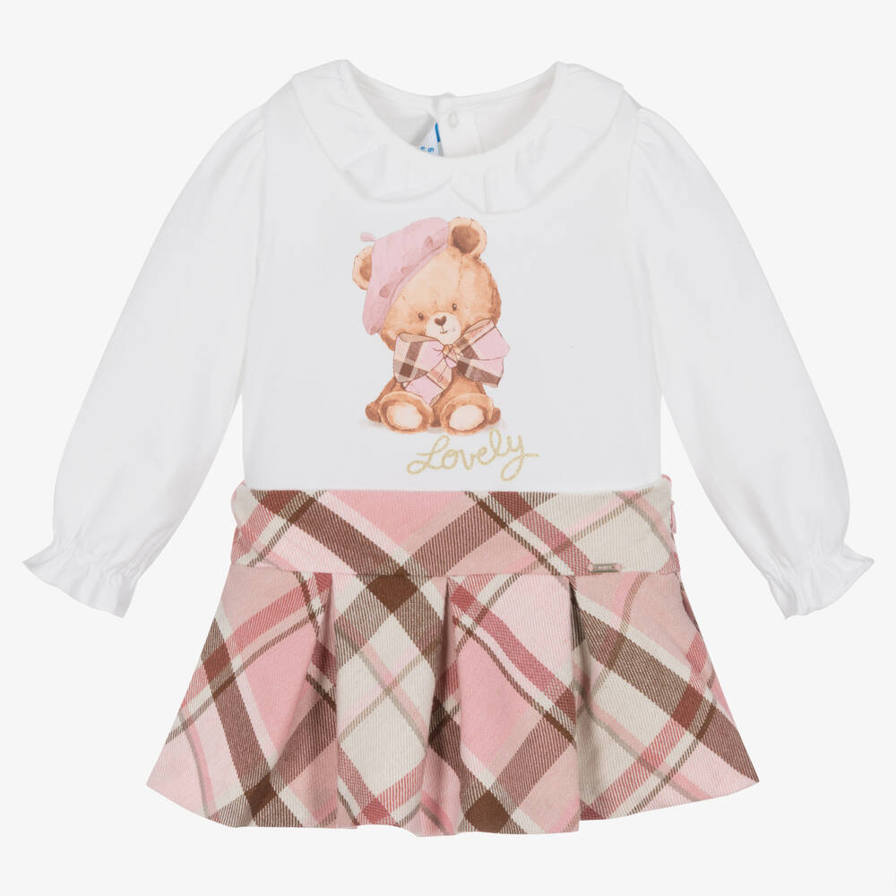 Girls Ivory Pink Tartan Check Skirt Set
