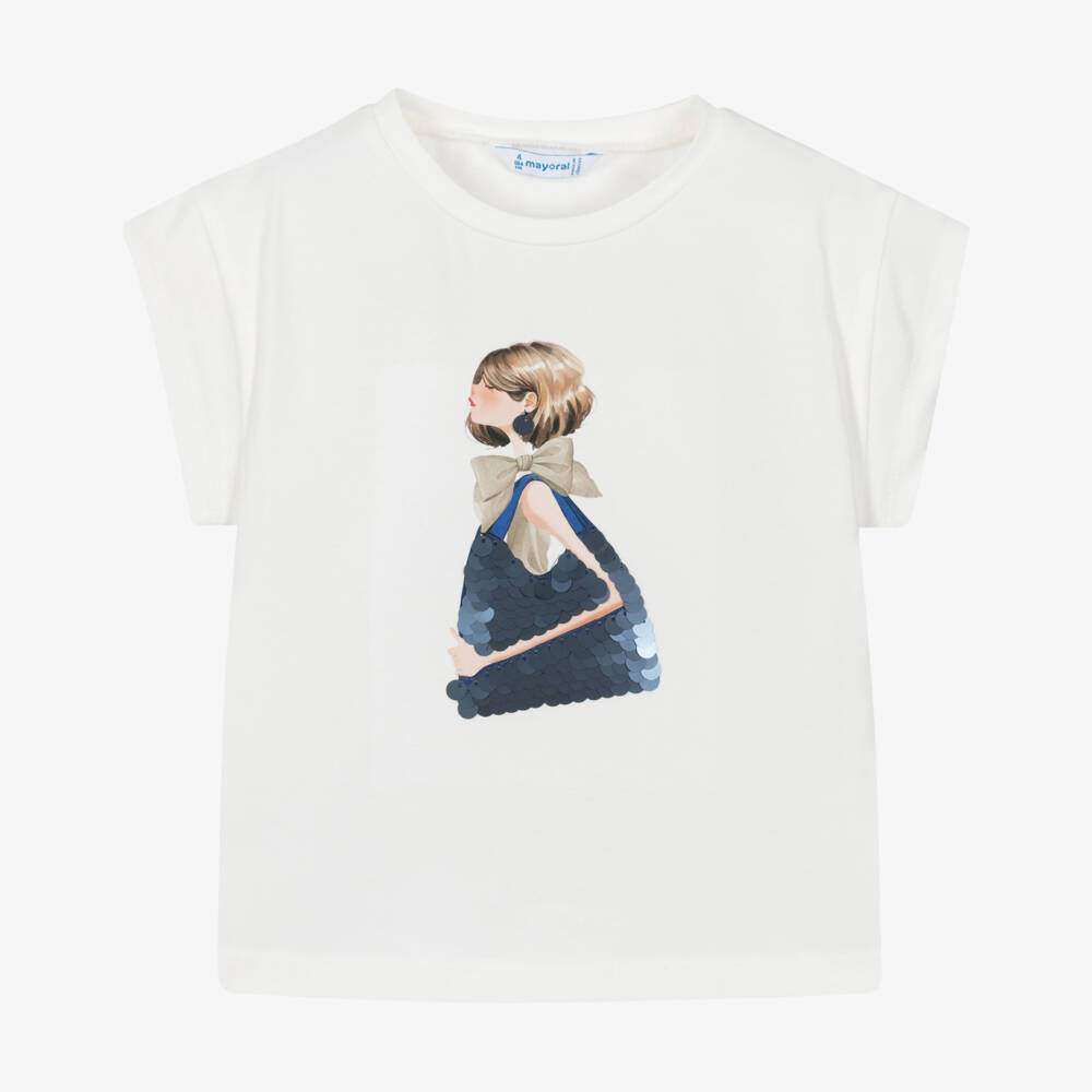 Mayoral-Girls Ivory Printed T-shirt | Childrensalon Outlet