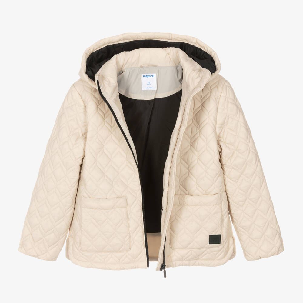 Mayoral-Girls Ivory Quilted Hooded Coat | Childrensalon Outlet