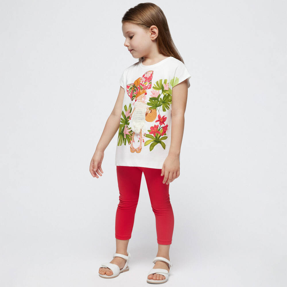 Mayoral-Girls Ivory & Red Cotton Leggings Set | Childrensalon Outlet