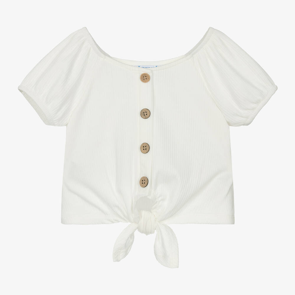 Mayoral-Girls Ivory Ribbed Jersey Top | Childrensalon Outlet