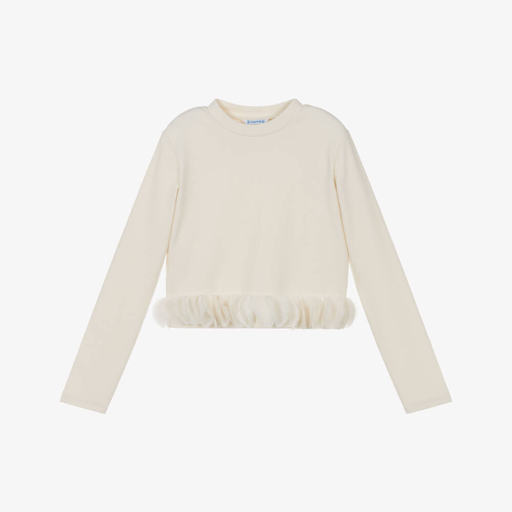 Mayoral-Girls Ivory Ribbed Jersey Top with Fancy Petal Trim | Childrensalon Outlet