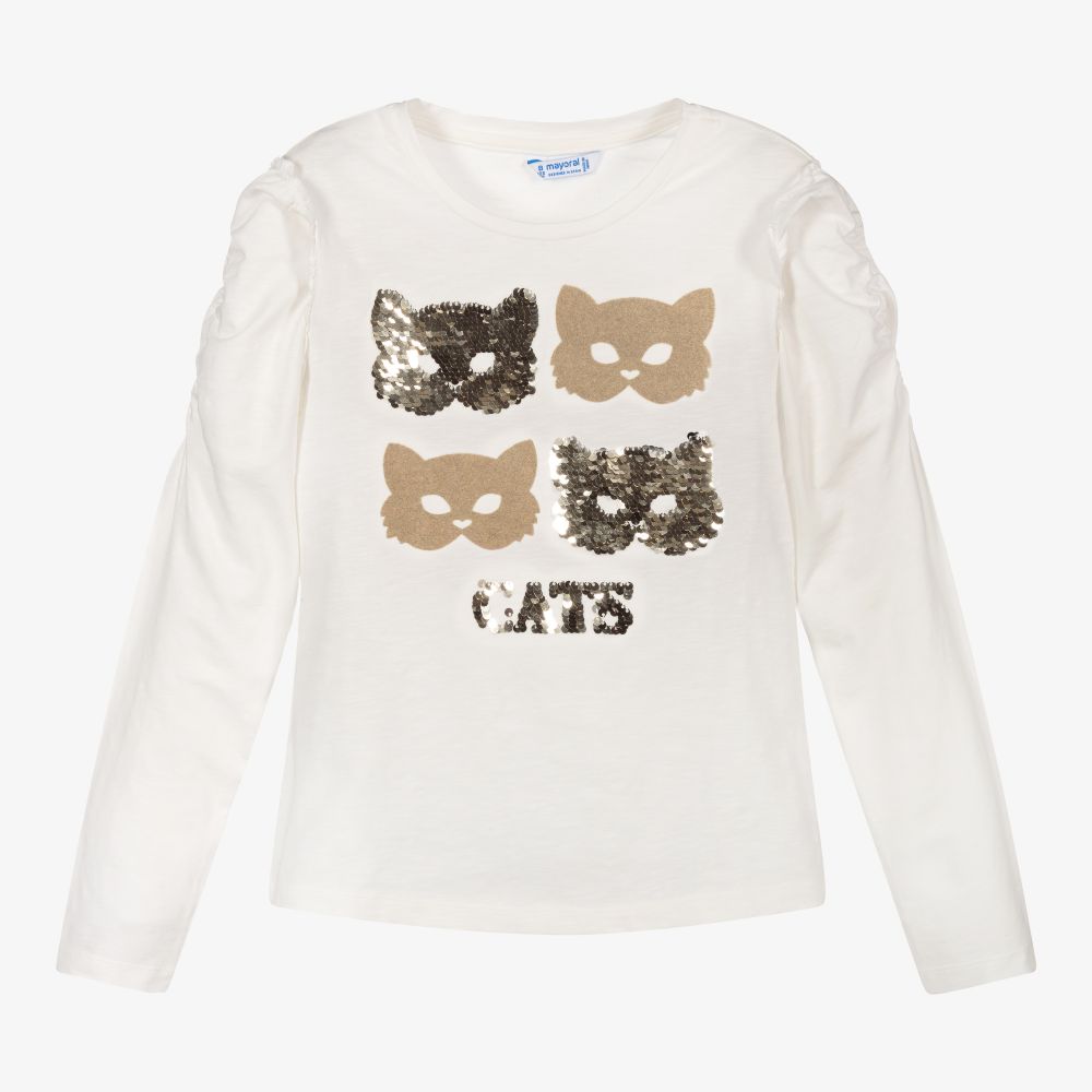 Mayoral - Girls Ivory Sequin Cat Top | Childrensalon