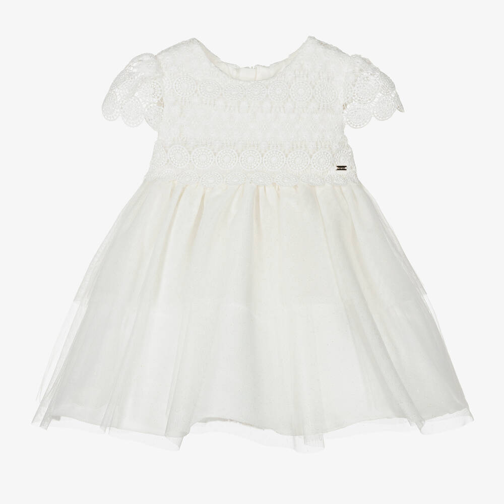 Mayoral - Girls Ivory Sparkly Lace & Tulle Dress | Childrensalon