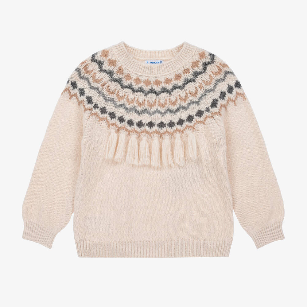 Girls Ivory Tasselled Fair Isle Sweater