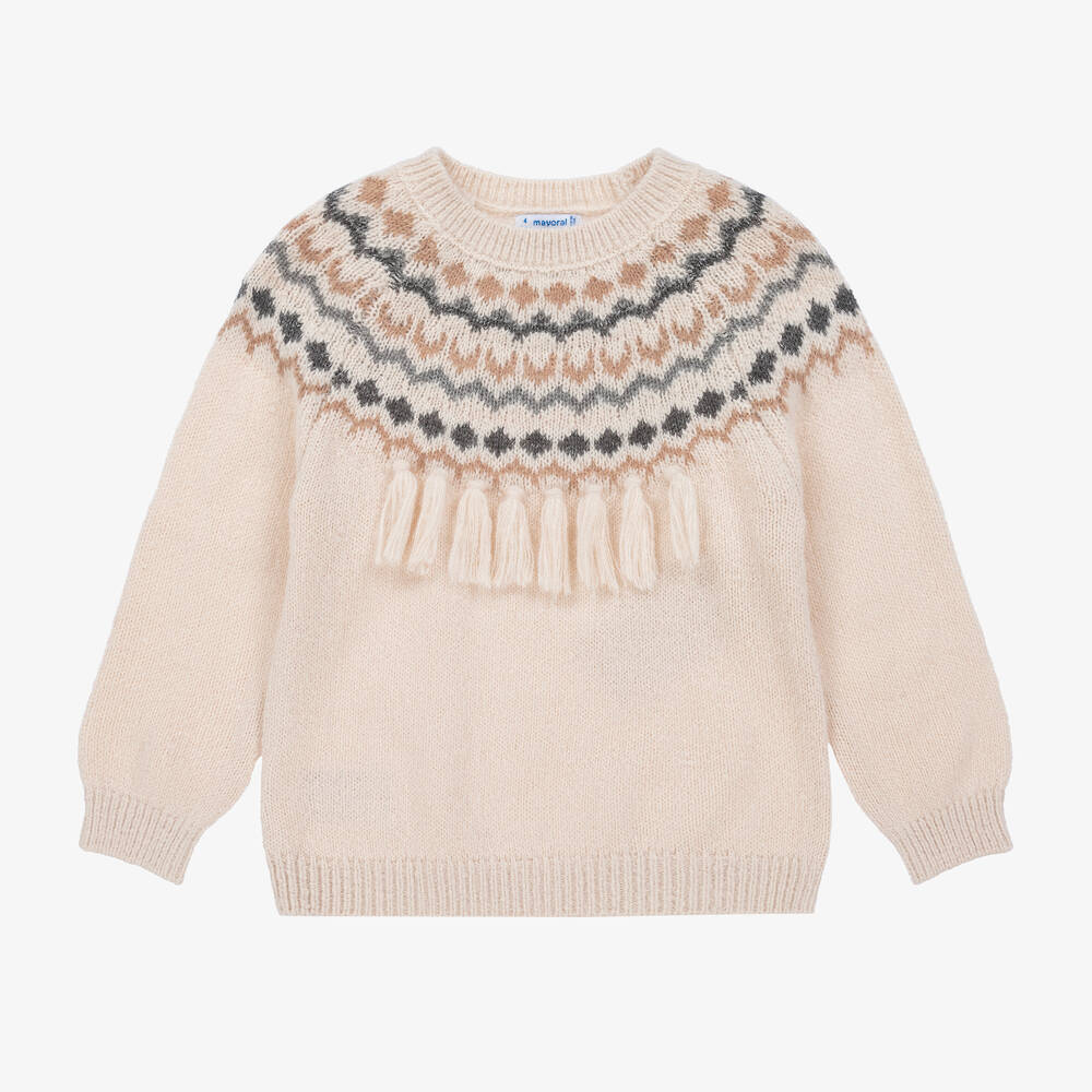 Mayoral - Girls Ivory Tasselled Fair Isle Sweater | Childrensalon