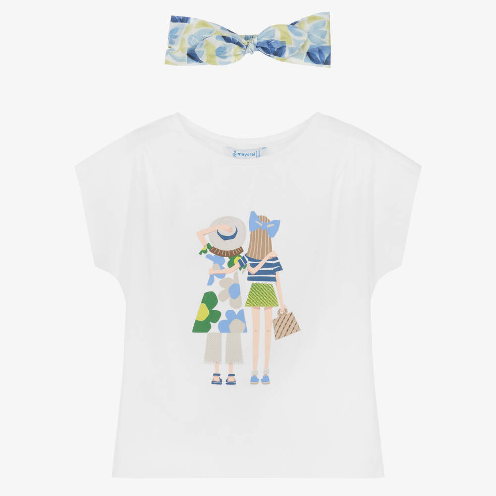 Mayoral-Кремовая футболка и цветочный ободок для девочек | Childrensalon Outlet
