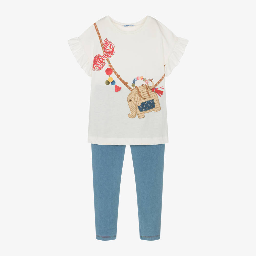 Mayoral-Girls Ivory Top & Blue Leggings Set | Childrensalon Outlet