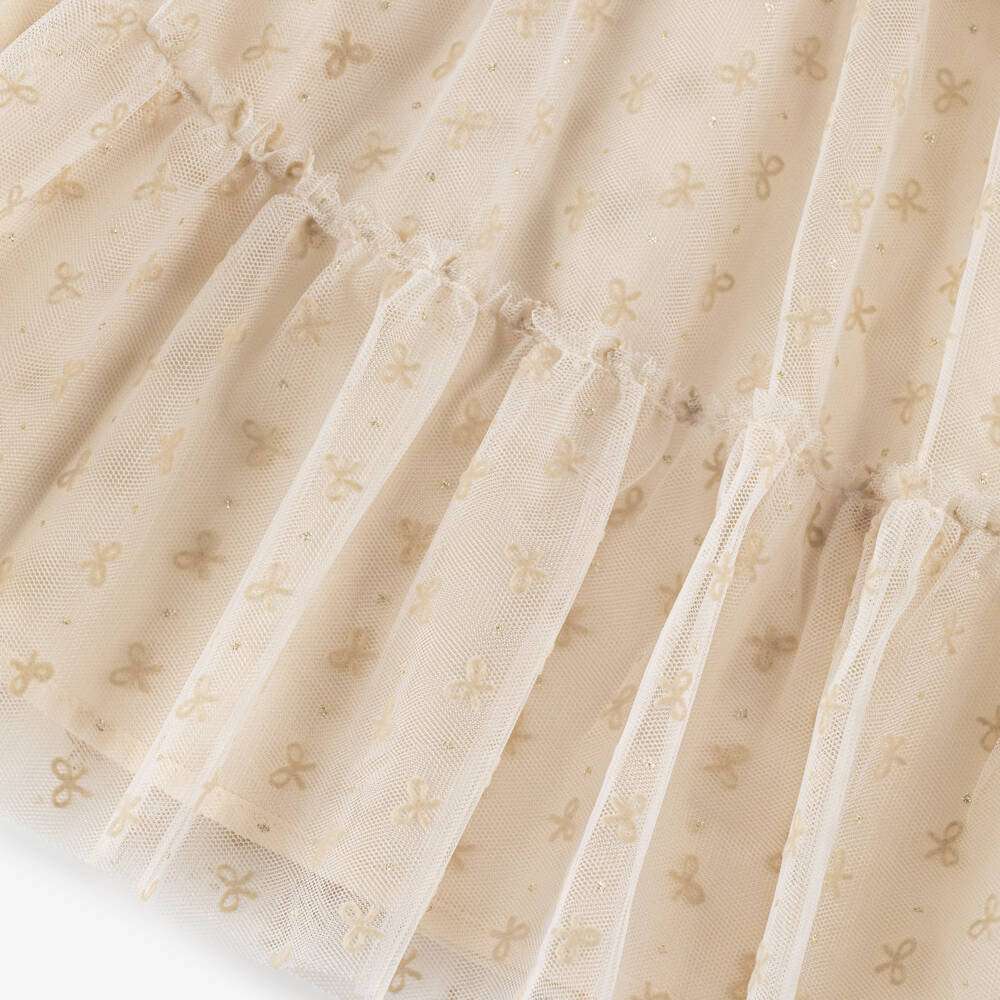 Mayoral-Girls Ivory Tulle Dress with Flocked Bow Pattern | Childrensalon Outlet