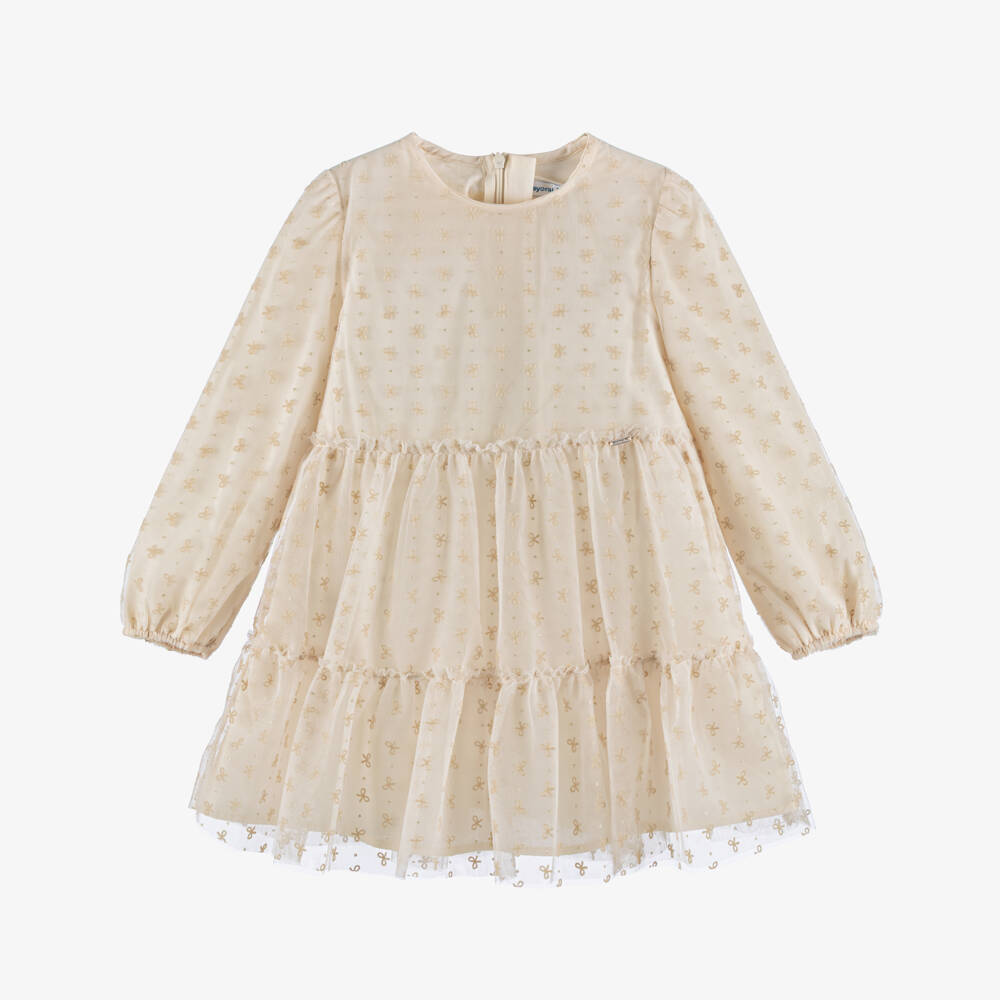 Mayoral-Girls Ivory Tulle Dress with Flocked Bow Pattern | Childrensalon Outlet