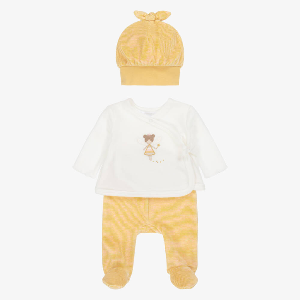Mayoral Newborn-Girls Ivory & Yellow Velour 2 Piece Babygrow Set | Childrensalon Outlet