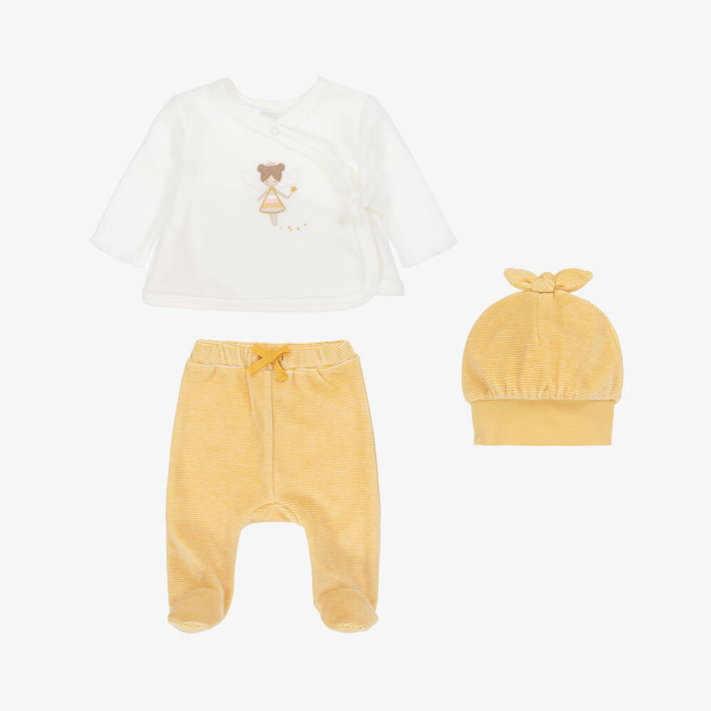 Mayoral Newborn-Girls Ivory & Yellow Velour 2 Piece Babygrow Set | Childrensalon Outlet
