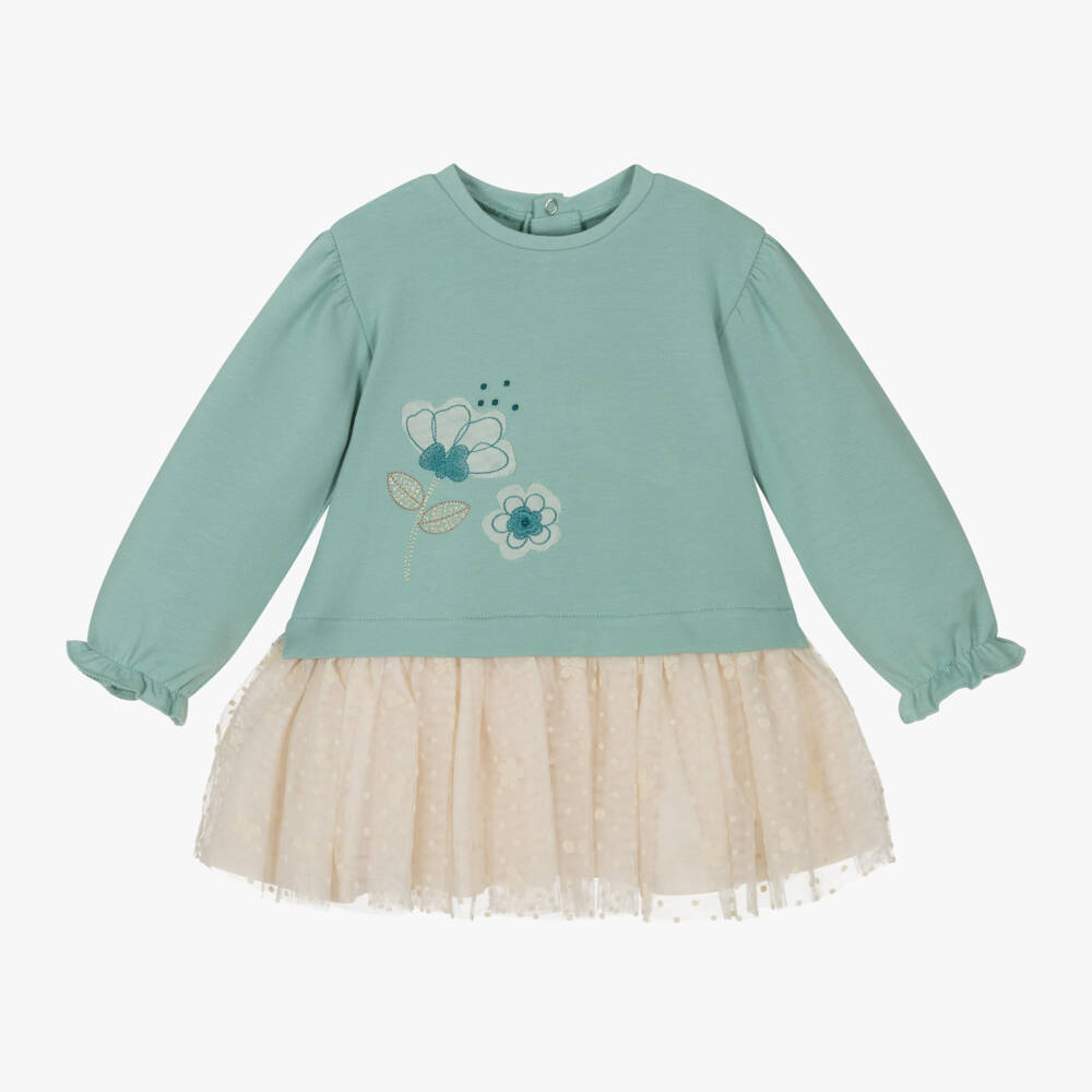 Mayoral-فستان تول وجيرسي لون أخضر | Childrensalon Outlet
