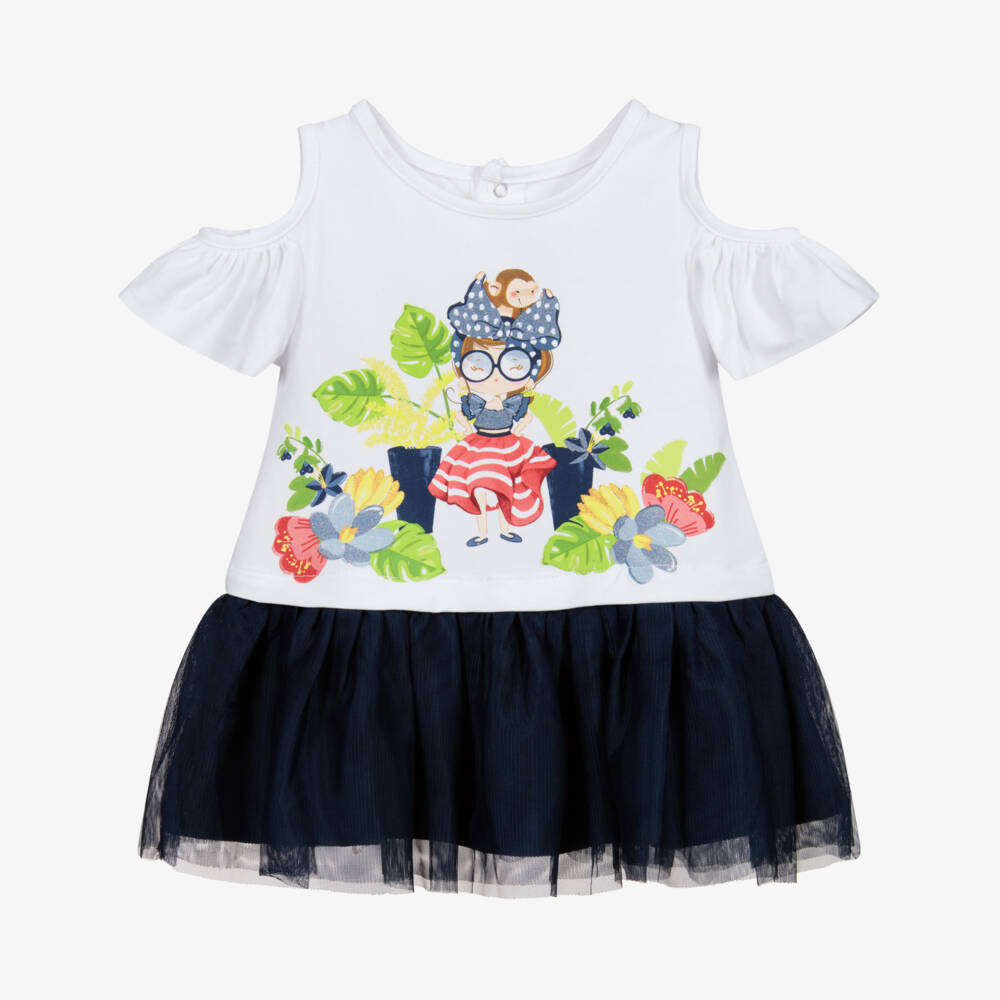 Mayoral-فستان قطن جيرسي و تول لون أبيض و كحلي | Childrensalon Outlet