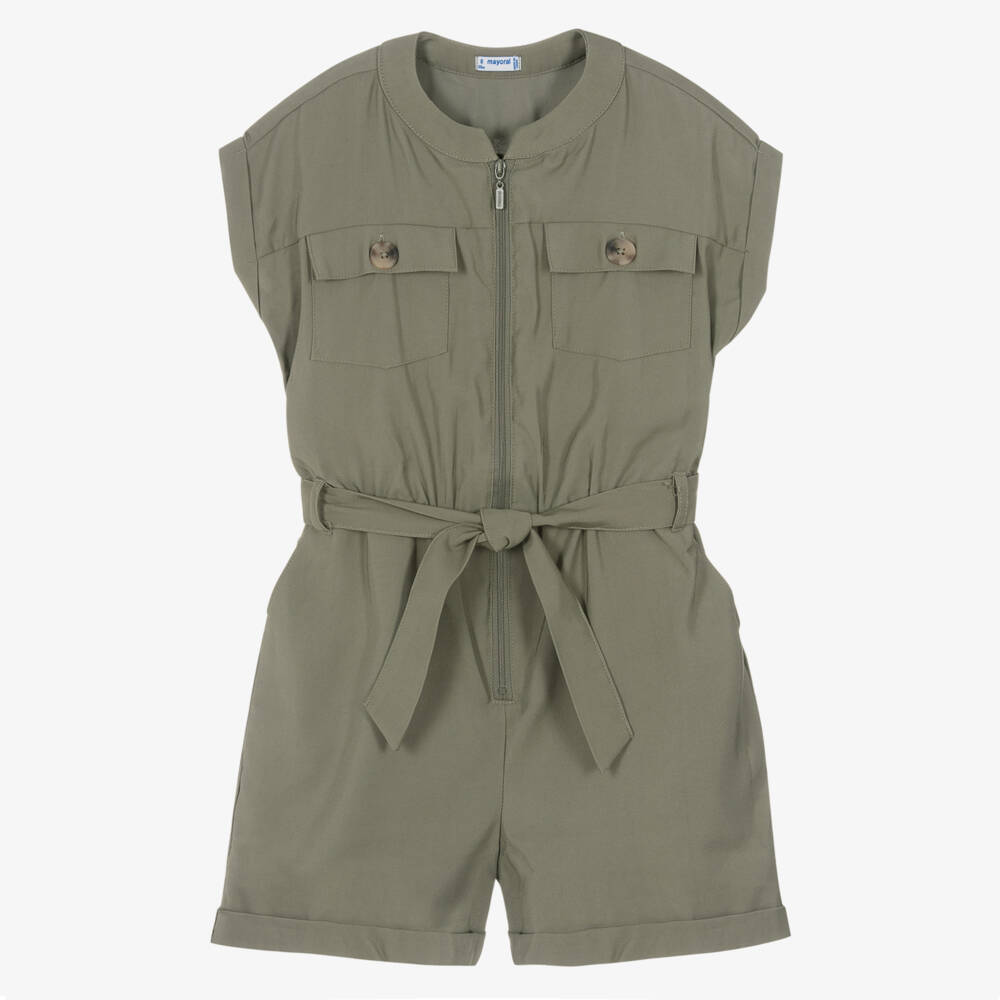 Mayoral-Girls Khaki Belted Zip Romper | Childrensalon Outlet