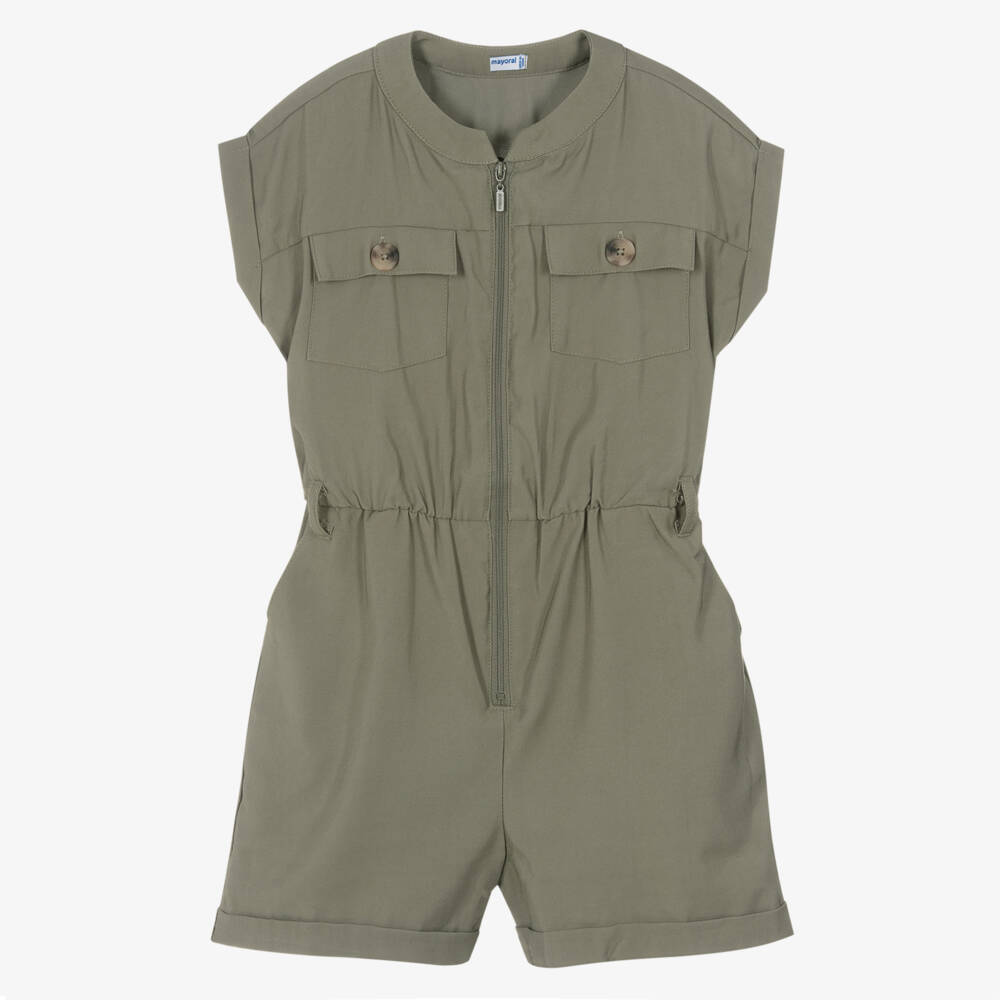 Mayoral-Girls Khaki Belted Zip Romper | Childrensalon Outlet