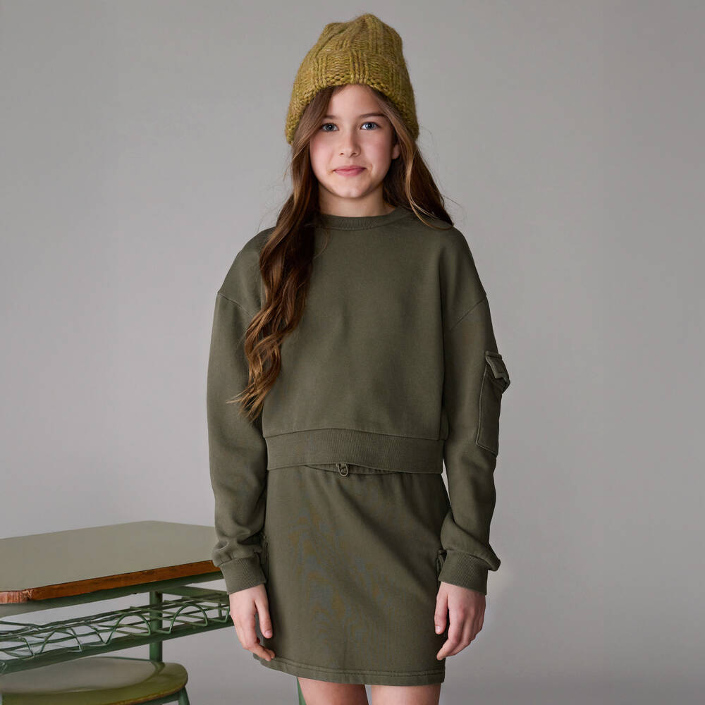 Mayoral-Girls Khaki Green Cotton Jersey Cargo Skirt Set | Childrensalon Outlet
