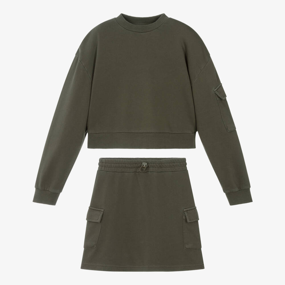 Mayoral-Girls Khaki Green Cotton Jersey Cargo Skirt Set | Childrensalon Outlet