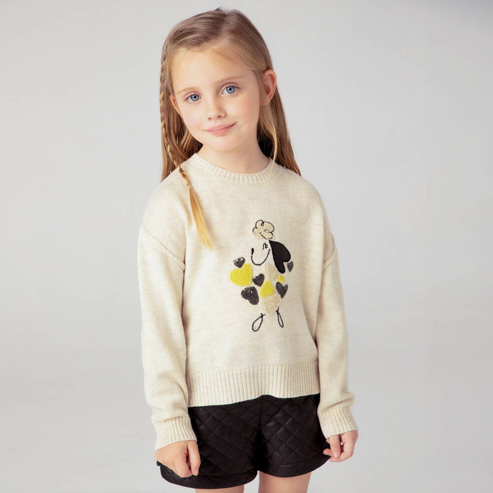 Mayoral-Бежевый свитер с собакой и сердцем из пайеток для девочек | Childrensalon Outlet
