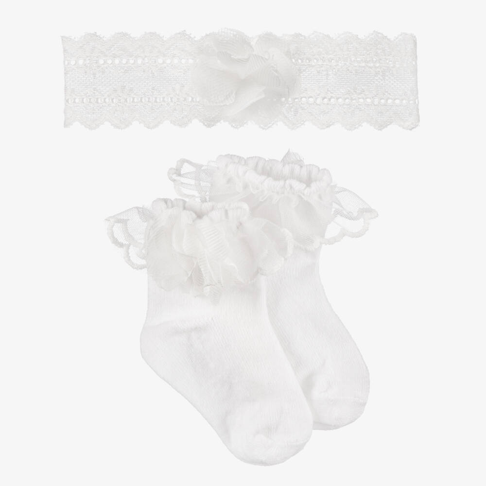 Mayoral Newborn-Girls Lace Adorned White Sock Set | Childrensalon Outlet