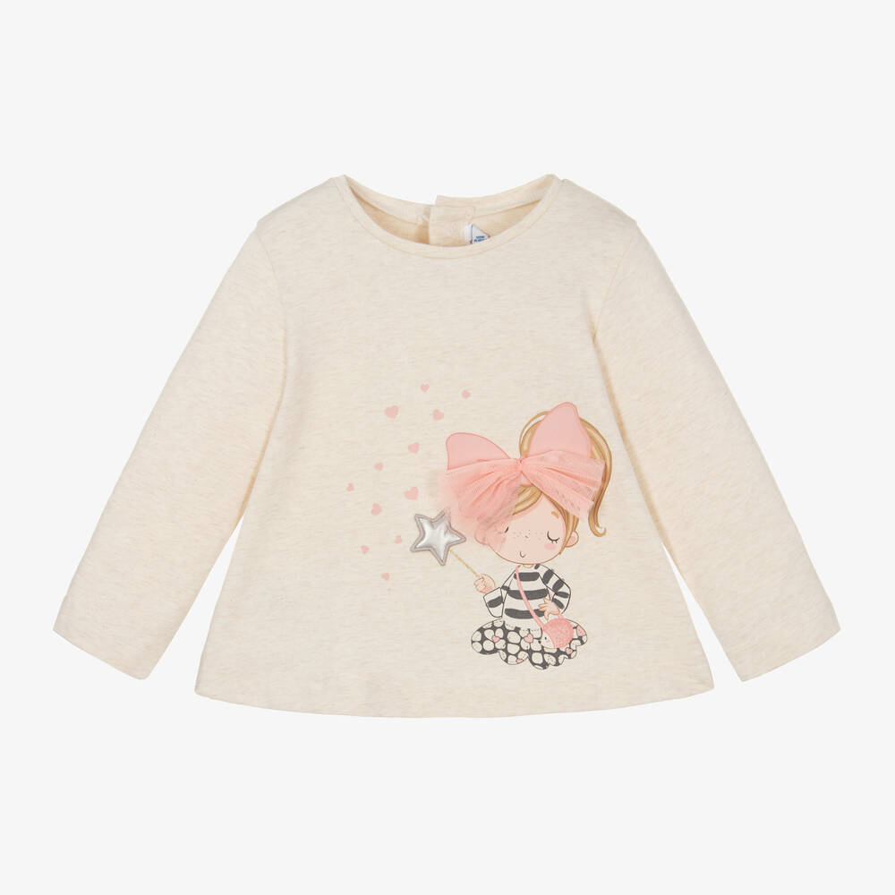 Mayoral-Girls Long Sleeve Beige Tee | Childrensalon Outlet