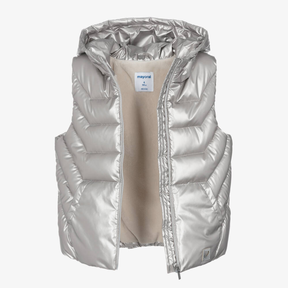 Mayoral-Girls Metallic Silver Hooded Vest | Childrensalon Outlet