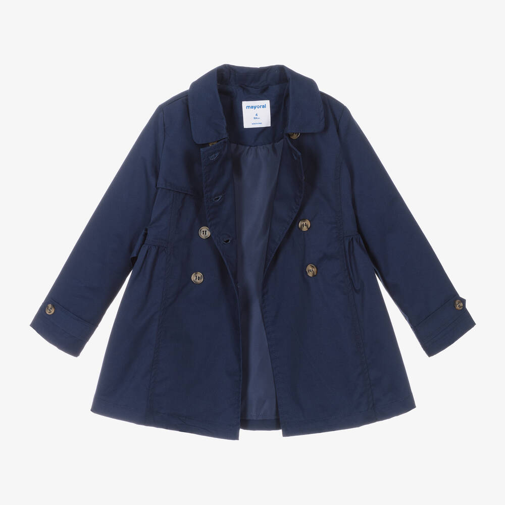 Mayoral Girls Navy Blue Cotton Trench Coat Childrensalon Outlet