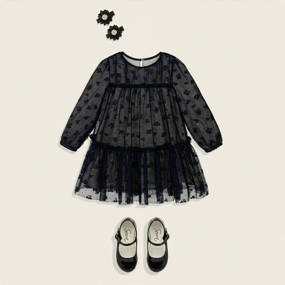 Mayoral-Girls Navy Blue Floral Tulle Dress with Diamantés | Childrensalon Outlet