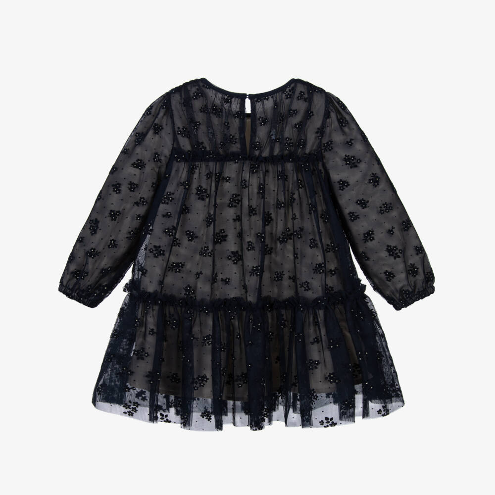 Mayoral-Girls Navy Blue Floral Tulle Dress with Diamantés | Childrensalon Outlet