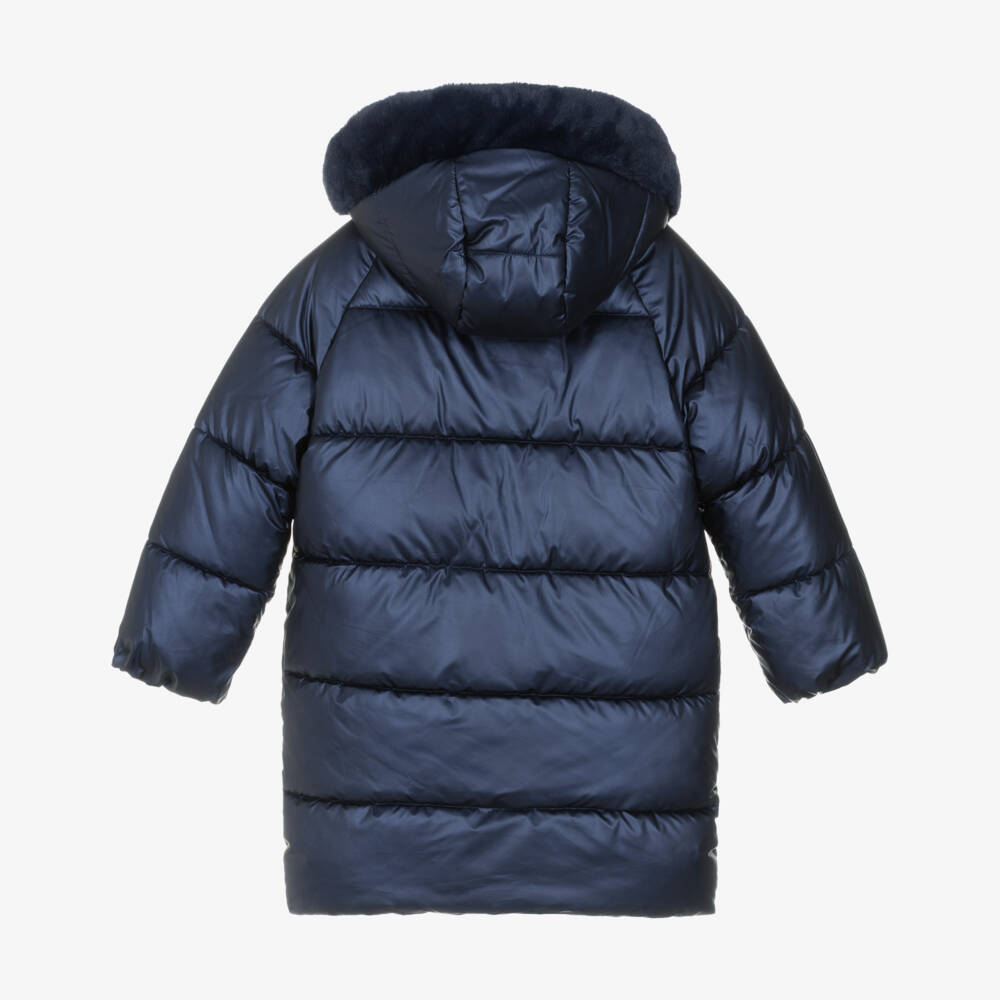 Mayoral-Girls Navy Blue Hooded Puffer Coat with Faux Fur Trim | Childrensalon Outlet