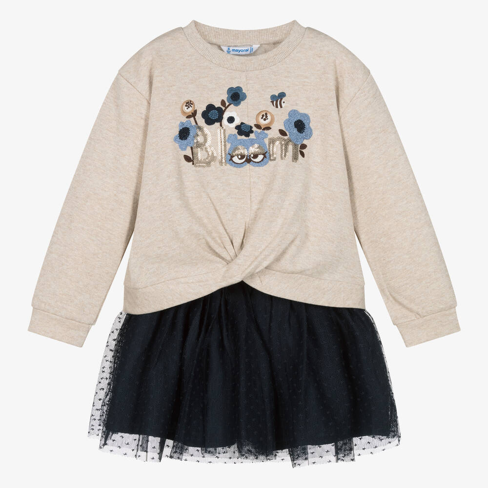 Mayoral - Girls Navy Blue Jersey & Tulle Skirt Set | Childrensalon