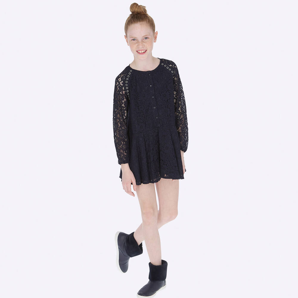Mayoral-Girls Navy Blue Lace Dress | Childrensalon Outlet