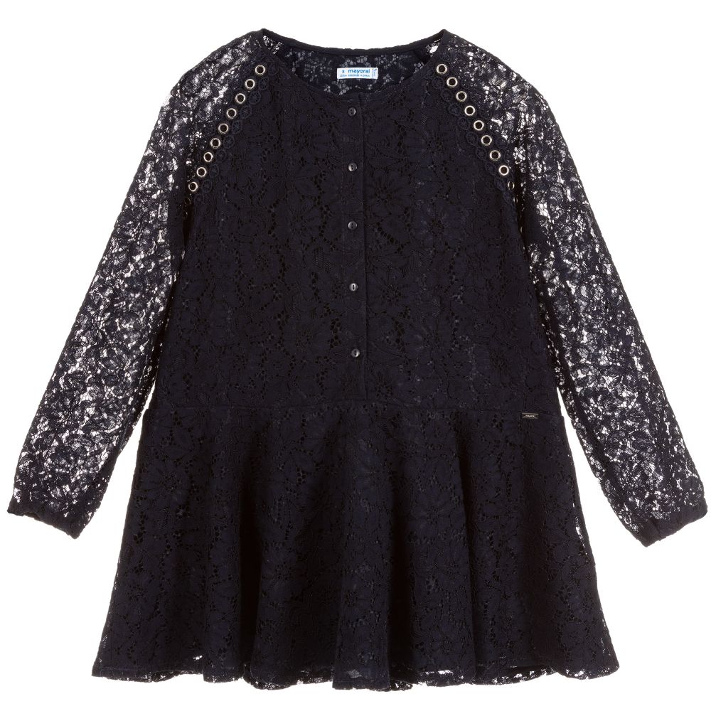 Mayoral - Girls Navy Blue Lace Dress | Childrensalon