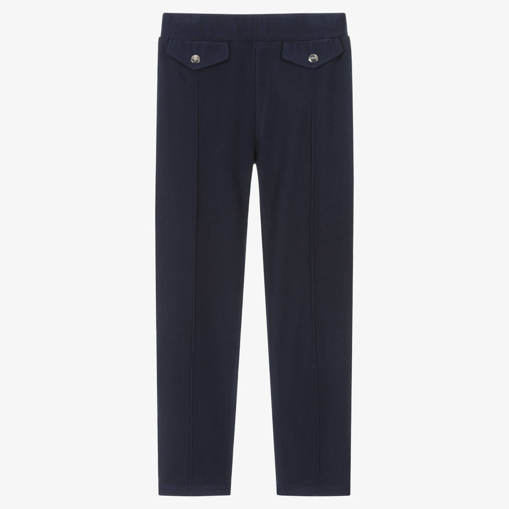 Mayoral - Girls Navy Blue Ribbed Slim-Fit Trousers | Childrensalon