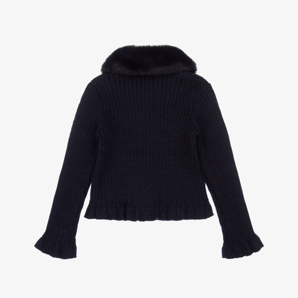 Mayoral-Girls Navy Blue Sparkly Knit Cardigan with Faux Fur Collar | Childrensalon Outlet
