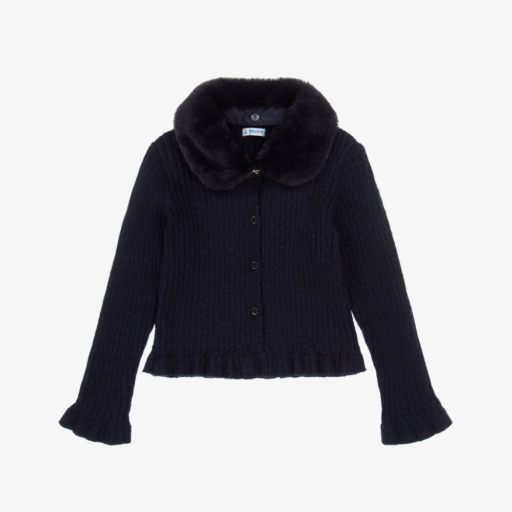 Mayoral-Girls Navy Blue Sparkly Knit Cardigan with Faux Fur Collar | Childrensalon Outlet