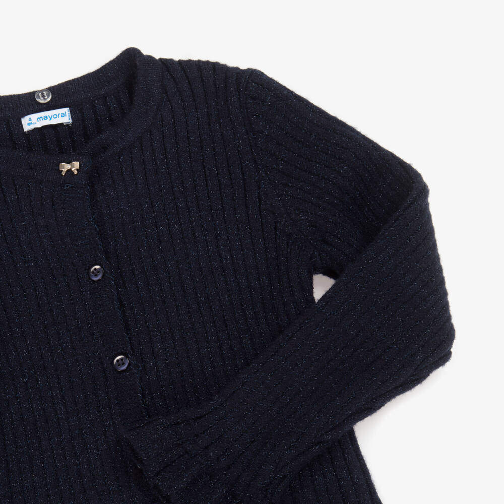 Mayoral-Girls Navy Blue Sparkly Knit Cardigan with Faux Fur Collar | Childrensalon Outlet