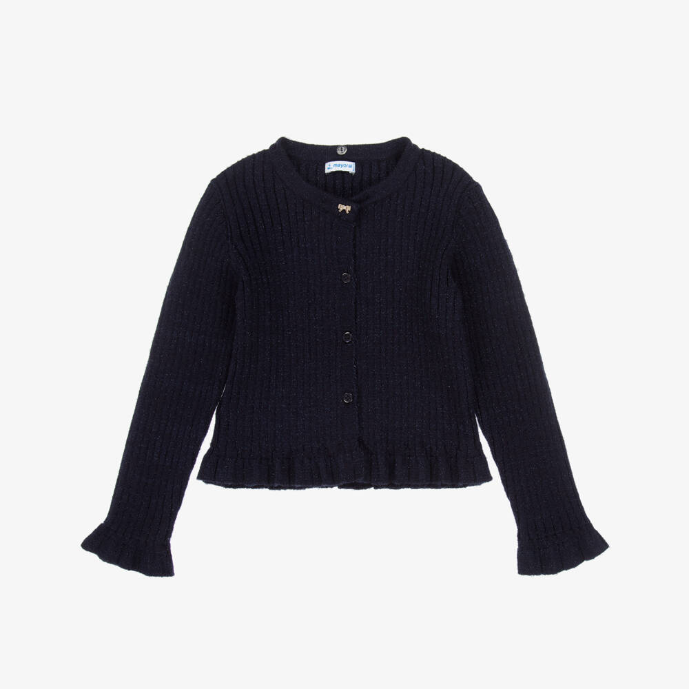 Mayoral-Girls Navy Blue Sparkly Knit Cardigan with Faux Fur Collar | Childrensalon Outlet