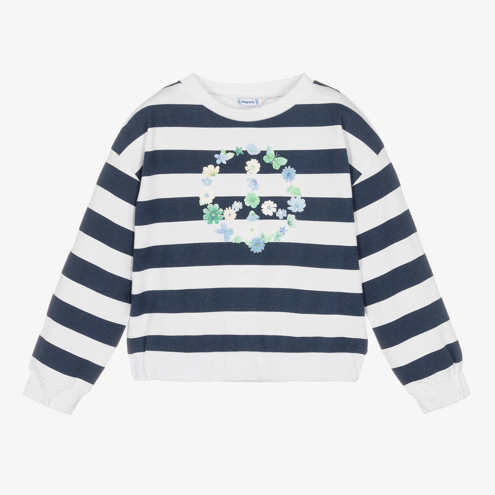 Mayoral - Girls Navy Blue Striped Peace Sweatshirt | Childrensalon