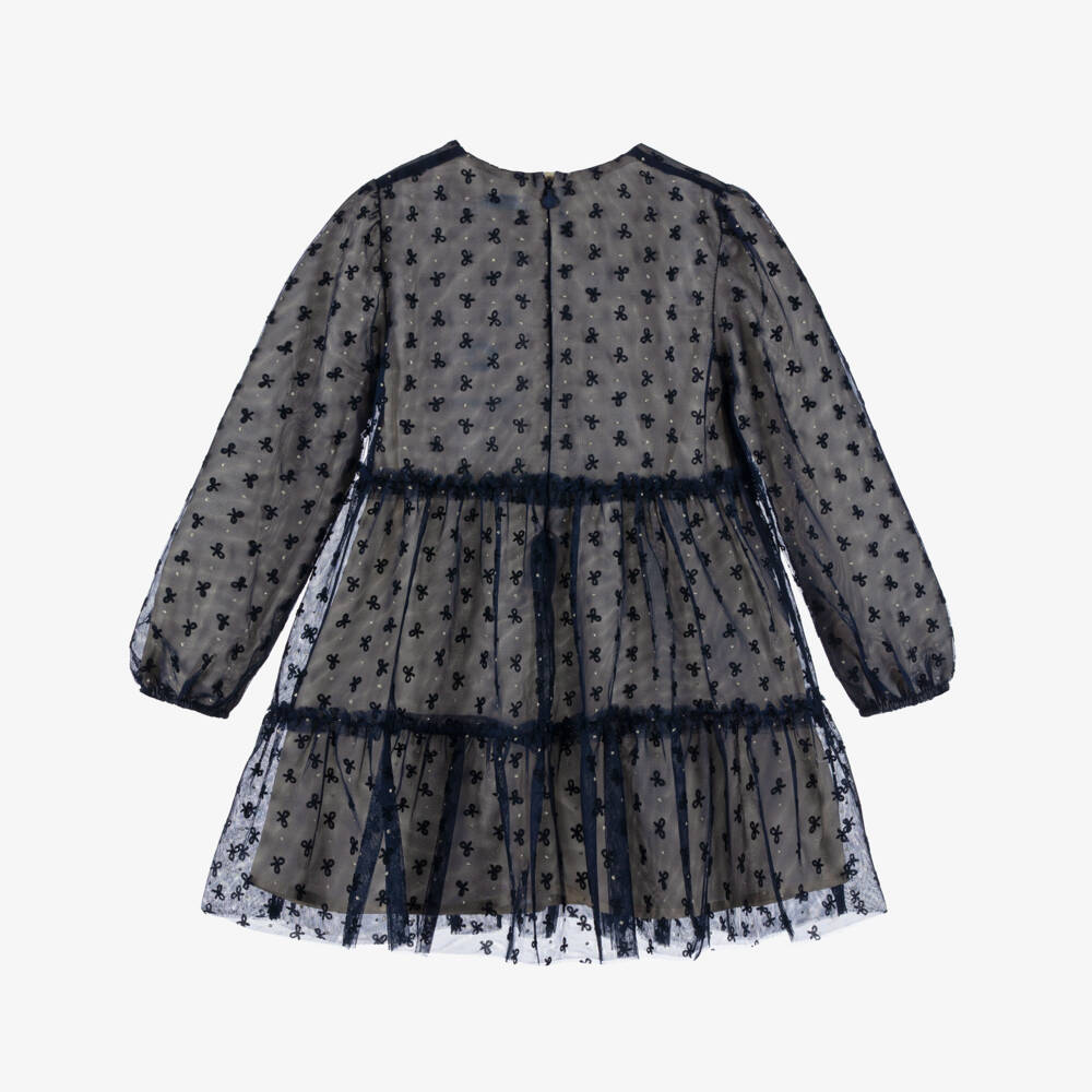 Mayoral-Girls Navy Blue Tulle Dress with Flocked Bow Pattern | Childrensalon Outlet