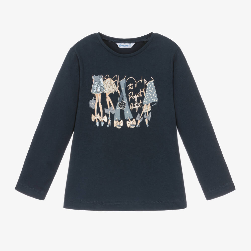 Mayoral-Girls Navy Cotton Printed Top | Childrensalon Outlet