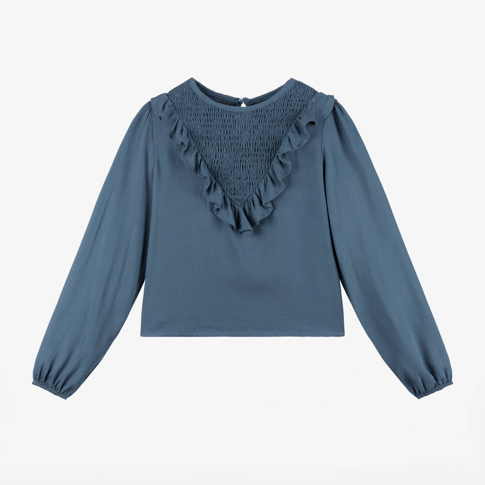 Mayoral-Girls Navy Ruffle Viscose Top | Childrensalon Outlet