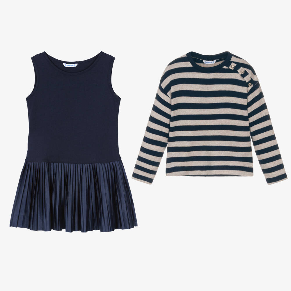 Mayoral-Girls Navy Stripe Dress Ensemble | Childrensalon Outlet