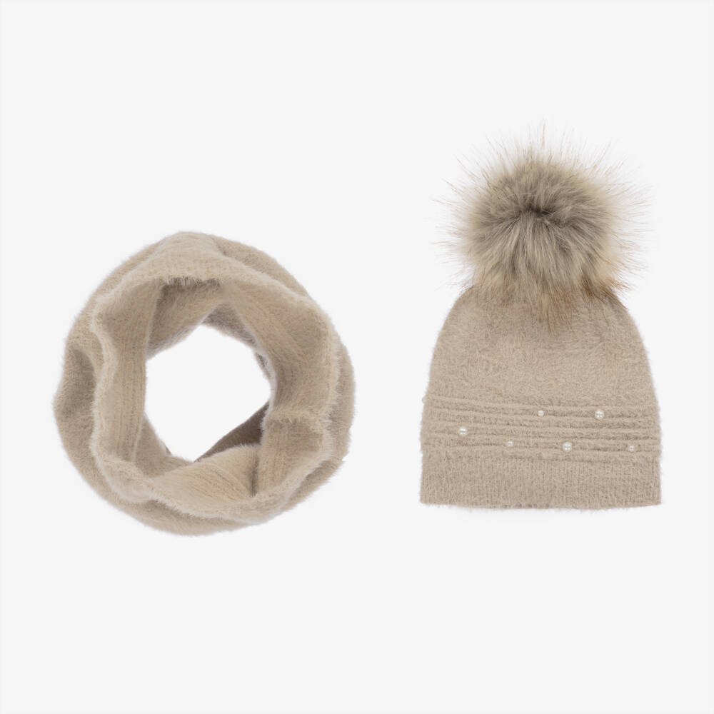 Mayoral-Girls Neutral Faux Pearl Hat & Snood Set | Childrensalon Outlet